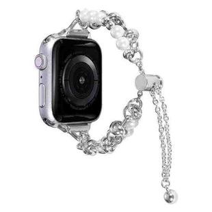 For Apple Watch Ultra 49mm Pearl Bracelet Metal Watch Band(Silver)