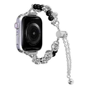 For Apple Watch SE 2023 44mm Pearl Bracelet Metal Watch Band(Silver Black)