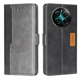 For Realme 12+ 5G Contrast Color Side Buckle Leather Phone Case(Black + Grey)