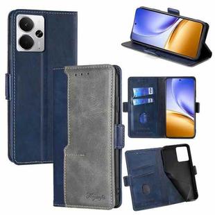 For Realme 14 5G Global Contrast Color Side Buckle Leather Phone Case(Blue + Grey)