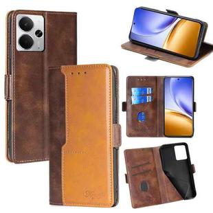 For Realme 14 5G Global Contrast Color Side Buckle Leather Phone Case(Dark Brown + Gold)