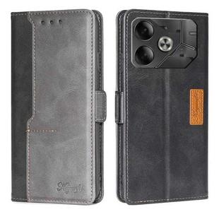 For Tecno Pova 6 5G Contrast Color Side Buckle Leather Phone Case(Black + Grey)