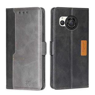 For Sharp Aquos R8 SH-52D Contrast Color Side Buckle Leather Phone Case(Black + Grey)
