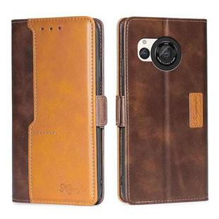 For Sharp Aquos R8 SH-52D Contrast Color Side Buckle Leather Phone Case(Dark Brown + Gold)