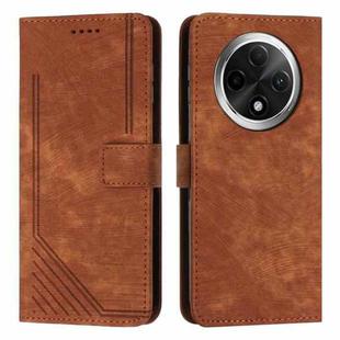 For OPPO A3 Pro Skin Feel Stripe Pattern Leather Phone Case with Lanyard(Brown)