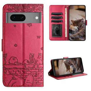 For Google Pixel 7 5G Cat Embossing Pattern Leather Phone Case with Lanyard(Red)