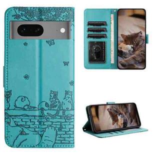 For Google Pixel 7 5G Cat Embossing Pattern Leather Phone Case with Lanyard(Blue)