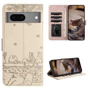 For Google Pixel 7 5G Cat Embossing Pattern Leather Phone Case with Lanyard(Beige)
