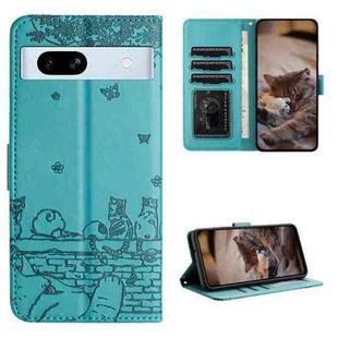 For Google Pixel 7a Cat Embossing Pattern Leather Phone Case with Lanyard(Blue)