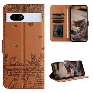 For Google Pixel 7a Cat Embossing Pattern Leather Phone Case with Lanyard(Brown)