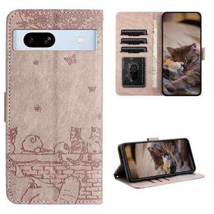 For Google Pixel 7a Cat Embossing Pattern Leather Phone Case with Lanyard(Grey)