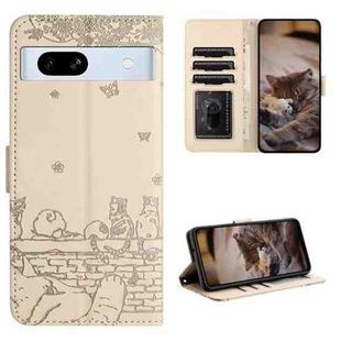 For Google Pixel 7a Cat Embossing Pattern Leather Phone Case with Lanyard(Beige)