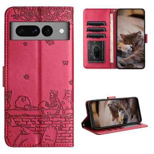 For Google Pixel 7 Pro 5G Cat Embossing Pattern Leather Phone Case with Lanyard(Red)