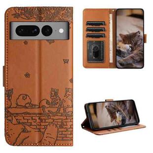 For Google Pixel 7 Pro 5G Cat Embossing Pattern Leather Phone Case with Lanyard(Brown)