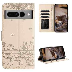 For Google Pixel 7 Pro 5G Cat Embossing Pattern Leather Phone Case with Lanyard(Beige)