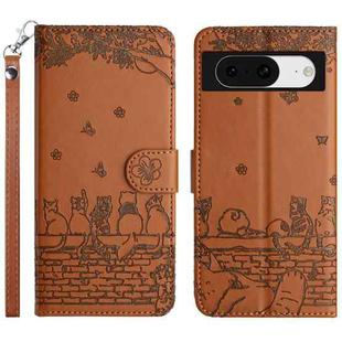 For Google Pixel 8 Cat Embossing Pattern Leather Phone Case with Lanyard(Brown)