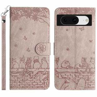 For Google Pixel 8 Cat Embossing Pattern Leather Phone Case with Lanyard(Grey)