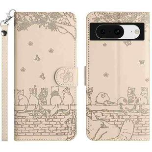 For Google Pixel 8 Cat Embossing Pattern Leather Phone Case with Lanyard(Beige)