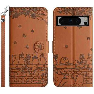 For Google Pixel 8 Pro Cat Embossing Pattern Leather Phone Case with Lanyard(Brown)