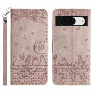 For Google Pixel 8a Cat Embossing Pattern Leather Phone Case with Lanyard(Grey)