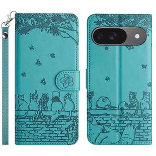 For Google Pixel 9 / 9 Pro Cat Embossing Pattern Leather Phone Case with Lanyard(Blue)