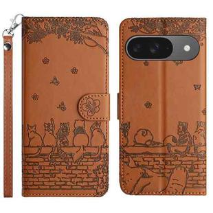 For Google Pixel 9 / 9 Pro Cat Embossing Pattern Leather Phone Case with Lanyard(Brown)