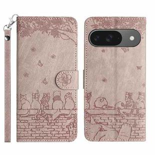 For Google Pixel 9 / 9 Pro Cat Embossing Pattern Leather Phone Case with Lanyard(Grey)