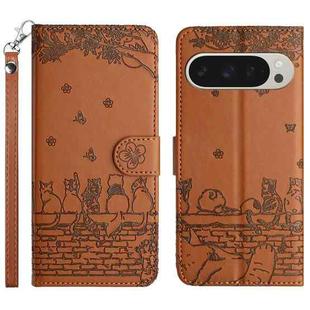 For Google Pixel 9 Pro XL Cat Embossing Pattern Leather Phone Case with Lanyard(Brown)