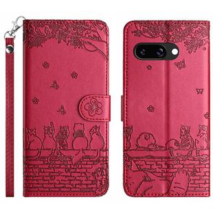 For Google Pixel 9a Cat Embossing Pattern Leather Phone Case with Lanyard(Red)