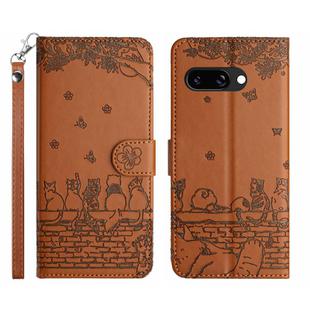 For Google Pixel 9a Cat Embossing Pattern Leather Phone Case with Lanyard(Brown)