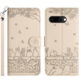 For Google Pixel 9a Cat Embossing Pattern Leather Phone Case with Lanyard(Beige)