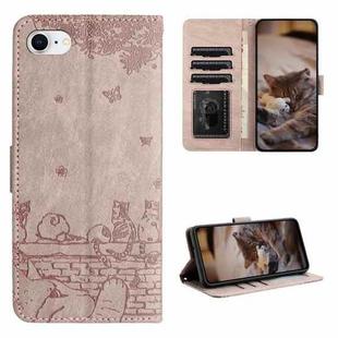 For iPhone 7 / 8 / SE 2020 / SE 2022 Cat Embossing Pattern Leather Phone Case with Lanyard(Grey)