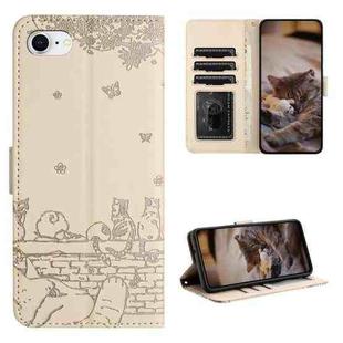 For iPhone 7 / 8 / SE 2020 / SE 2022 Cat Embossing Pattern Leather Phone Case with Lanyard(Beige)