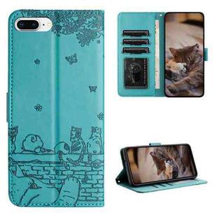 For iPhone 7 Plus / 8 Plus Cat Embossing Pattern Leather Phone Case with Lanyard(Blue)