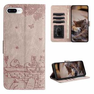 For iPhone 7 Plus / 8 Plus Cat Embossing Pattern Leather Phone Case with Lanyard(Grey)