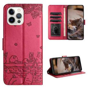 For iPhone 12 Cat Embossing Pattern Leather Phone Case with Lanyard(Red)