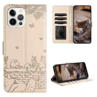 For iPhone 12 Cat Embossing Pattern Leather Phone Case with Lanyard(Beige)