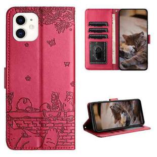 For iPhone 12 mini Cat Embossing Pattern Leather Phone Case with Lanyard(Red)