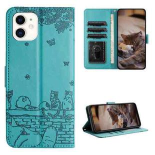 For iPhone 12 mini Cat Embossing Pattern Leather Phone Case with Lanyard(Blue)