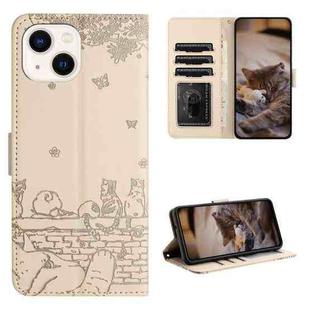 For iPhone 13 Cat Embossing Pattern Leather Phone Case with Lanyard(Beige)