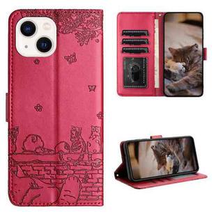 For iPhone 13 mini Cat Embossing Pattern Leather Phone Case with Lanyard(Red)
