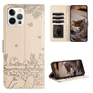 For iPhone 13 Pro Max Cat Embossing Pattern Leather Phone Case with Lanyard(Beige)