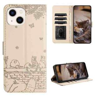 For iPhone 14 Cat Embossing Pattern Leather Phone Case with Lanyard(Beige)