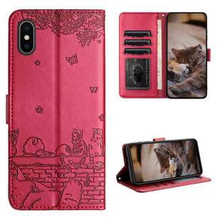 For iPhone X Cat Embossing Pattern Leather Phone Case with Lanyard(Red)