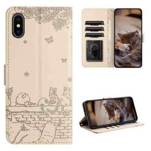 For iPhone X Cat Embossing Pattern Leather Phone Case with Lanyard(Beige)