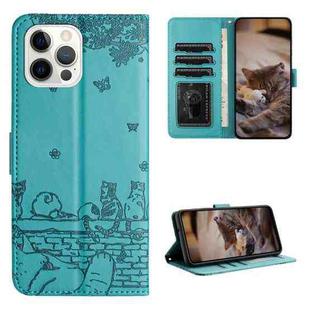 For iPhone 14 Pro Cat Embossing Pattern Leather Phone Case with Lanyard(Blue)