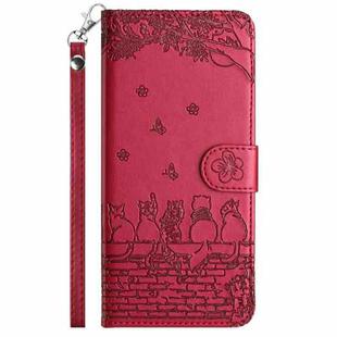 For iPhone 15 Pro Cat Embossing Pattern Leather Phone Case with Lanyard(Red)