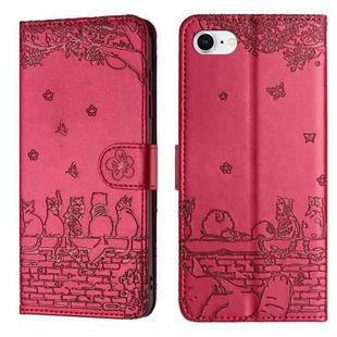 For iPhone SE 2024 Cat Embossing Pattern Leather Phone Case with Lanyard(Red)