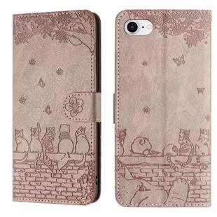 For iPhone SE 2024 Cat Embossing Pattern Leather Phone Case with Lanyard(Grey)