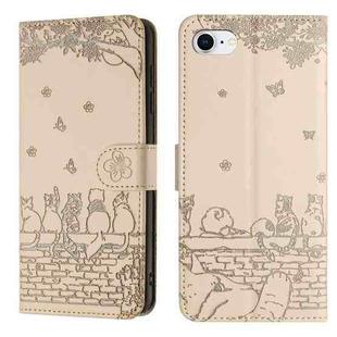 For iPhone SE 2024 Cat Embossing Pattern Leather Phone Case with Lanyard(Beige)